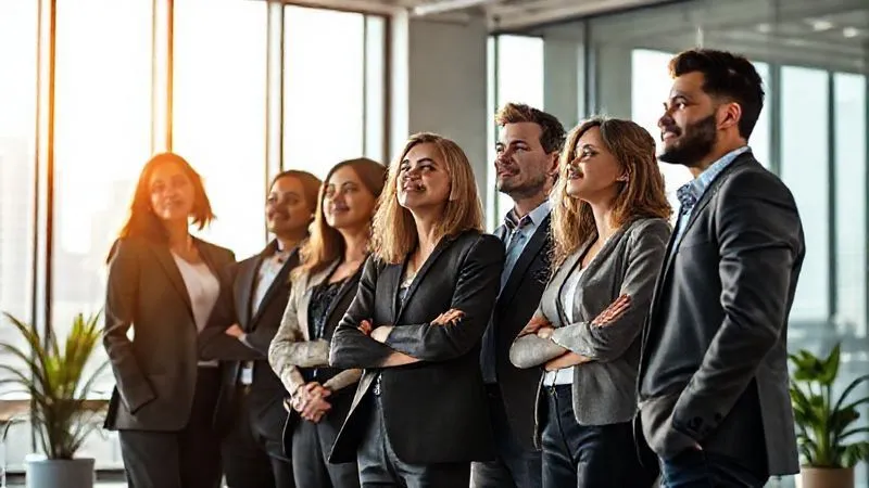 A photorealistic image of a diverse, professional team standing together in a modern, sunlit office, looking confidently towards the future, symbolizing ethical leadership, collaboration, and renewed purpose. Professional photography, 8K, cinematic lighting, sharp focus on the team, depth of field blurring a cityscape background, shot on a high-end DSLR.
