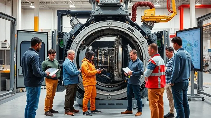 Photorealistic, professional photography, 8K, cinematic lighting, sharp focus, depth of field, shot on a high-end DSLR. A team of diverse engineers and technicians in a modern, clean manufacturing facility, gathered around a large, intricate industrial machine with its panels open. They are intensely examining internal components, using diagnostic tools and tablets, with schematics projected on a nearby screen. The scene conveys deep analytical problem-solving and collaboration.