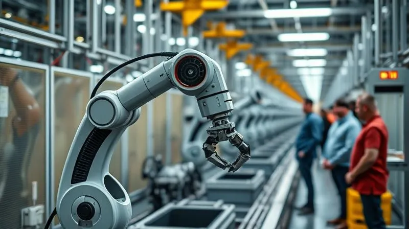 Photorealistic, professional photography, 8K, cinematic lighting, sharp focus, depth of field, shot on a high-end DSLR. A manufacturing production line is slowly coming back to life. A single, newly repaired robotic arm is making its first precise movements, observed intently by a small group of engineers and quality control specialists. The scene is bright, focused, and conveys careful, controlled recommencement of operations, with a sense of relief and anticipation.