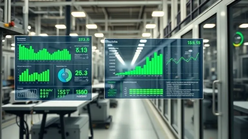 Photorealistic, professional photography, 8K, cinematic lighting, sharp focus, depth of field, shot on a high-end DSLR. A modern, highly automated manufacturing floor operating smoothly. A digital dashboard prominently displays real-time operational metrics, green indicators showing optimal performance, with a subtle overlay of predictive maintenance analytics. The scene embodies efficiency, foresight, and technological resilience.