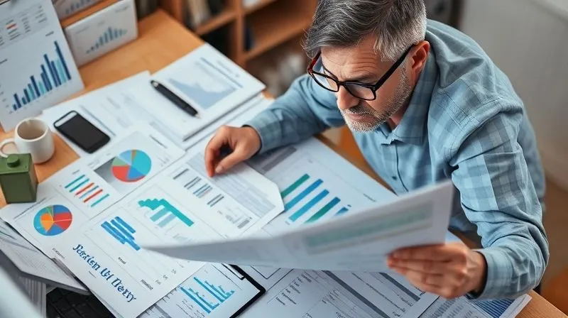 A photorealistic image of a small business owner intently reviewing financial statements spread across a desk, surrounded by graphs and charts, with a focused expression. Professional photography, 8K, cinematic lighting, sharp focus, depth of field. A sense of methodical analysis.