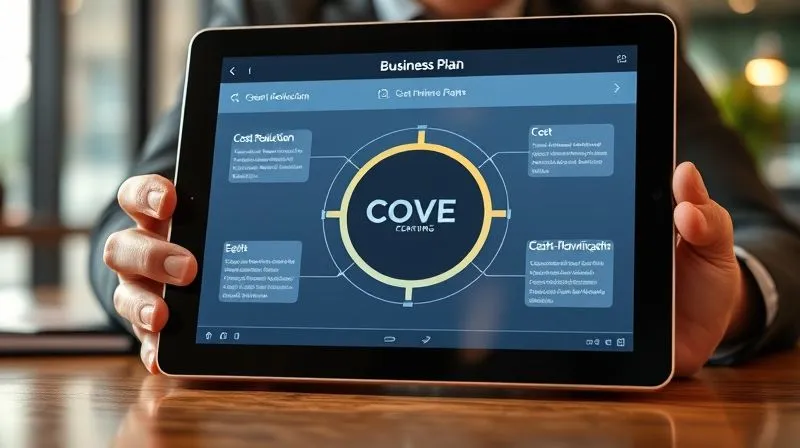 A photorealistic infographic showing a business plan with interconnected elements like 'Cost Reduction,' 'Revenue Growth,' and 'Cash Flow Optimization,' presented on a tablet screen in a professional setting. Professional photography, 8K, cinematic lighting, sharp focus, depth of field.