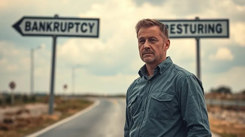 A photorealistic image of a small business owner looking worried, standing at a crossroads with signs pointing to 'Bankruptcy' and 'Restructuring,' symbolizing a critical decision point. Professional photography, 8K, cinematic lighting, sharp focus, depth of field. Evokes a sense of uncertainty and choice.