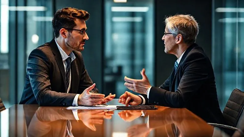A photorealistic, professional photography shot of two diverse business professionals, one consulting and the other a client, engaged in a serious but collaborative discussion across a modern conference table. They are making eye contact, with a sense of mutual understanding. Cinematic lighting, sharp focus on their faces and hands gesturing, depth of field blurring the sophisticated office background, 8K hyper-detailed. A photorealistic, professional photography shot of two diverse business professionals, one consulting and the other a client, engaged in a serious but collaborative discussion across a modern conference table. They are making eye contact, with a sense of mutual understanding. Cinematic lighting, sharp focus on their faces and hands gesturing, depth of field blurring the sophisticated office background, 8K hyper-detailed.