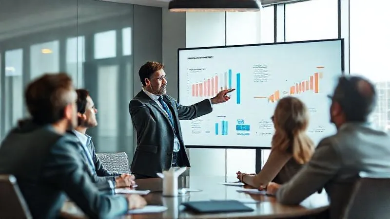 A photorealistic, professional photography shot of a confident, experienced consultant presenting a strategic plan to a small group of attentive executives in a modern, sunlit boardroom. The consultant is pointing to a well-designed digital presentation on a large screen, conveying expertise and foresight. Cinematic lighting, sharp focus on the consultant and the engaged expressions of the executives, depth of field blurring the background, 8K hyper-detailed. A photorealistic, professional photography shot of a confident, experienced consultant presenting a strategic plan to a small group of attentive executives in a modern, sunlit boardroom. The consultant is pointing to a well-designed digital presentation on a large screen, conveying expertise and foresight. Cinematic lighting, sharp focus on the consultant and the engaged expressions of the executives, depth of field blurring the background, 8K hyper-detailed.