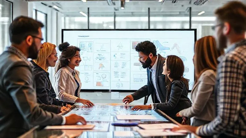 A photorealistic, professional photography shot of a diverse and engaged consulting team collaborating around a large, interactive digital whiteboard in a modern, brightly lit office. They are actively discussing and strategizing, with a sense of shared purpose and focus. Cinematic lighting, sharp focus on the team members and the digital content, depth of field blurring the background, 8K hyper-detailed. A photorealistic, professional photography shot of a diverse and engaged consulting team collaborating around a large, interactive digital whiteboard in a modern, brightly lit office. They are actively discussing and strategizing, with a sense of shared purpose and focus. Cinematic lighting, sharp focus on the team members and the digital content, depth of field blurring the background, 8K hyper-detailed.