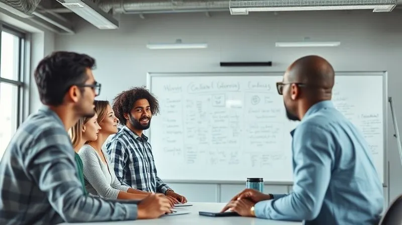 A photorealistic image of a diverse team collaborating freely in an open, modern office space, whiteboard filled with ideas, natural light, 8K, cinematic lighting, sharp focus, depth of field, shot on a high-end DSLR.
