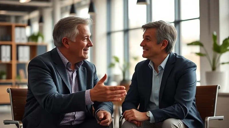 A photorealistic image of a mentor and a mentee having an engaging conversation in a modern office, natural light streaming in, showing active listening and mutual respect, 8K, cinematic lighting, sharp focus, depth of field, shot on a high-end DSLR.