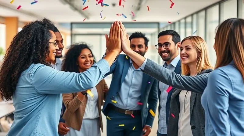 A photorealistic image of a diverse team celebrating a project milestone, high-fives and genuine smiles, confetti subtly falling, professional office setting, 8K, cinematic lighting, sharp focus, depth of field, shot on a high-end DSLR.
