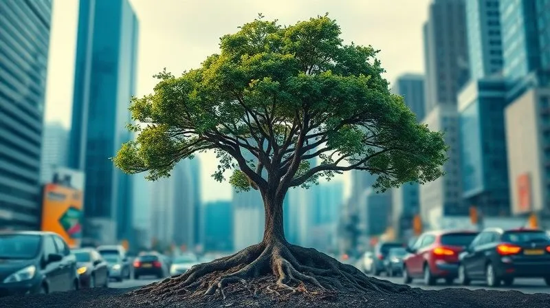 A photorealistic image of a single, strong tree with deep roots standing firm against a dynamic, slightly blurred background of a bustling cityscape, symbolizing stability and growth amidst change, 8K, cinematic lighting, sharp focus, depth of field, shot on a high-end DSLR.