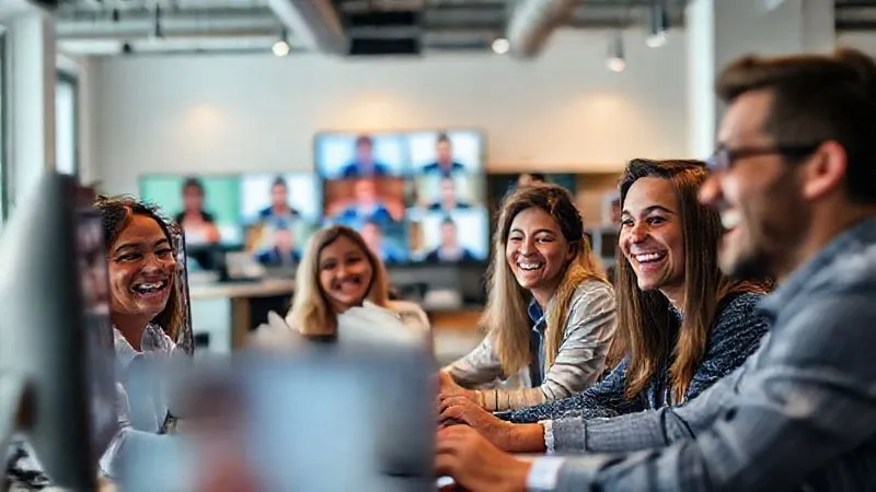 photorealistic, professional photography, 8K, cinematic lighting, sharp focus, depth of field, shot on a high-end DSLR, diverse remote team members laughing during a virtual social event, each in their home office, screens showing smiling faces, a vibrant and connected atmosphere, representing strong digital culture.