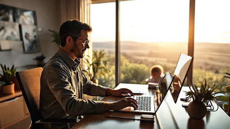 photorealistic, professional photography, 8K, cinematic lighting, sharp focus, depth of field, shot on a high-end DSLR, a person working calmly at a modern home office desk with a large window showing a serene natural landscape, a small child playing quietly in the background, representing harmonious work-life integration and flexibility.