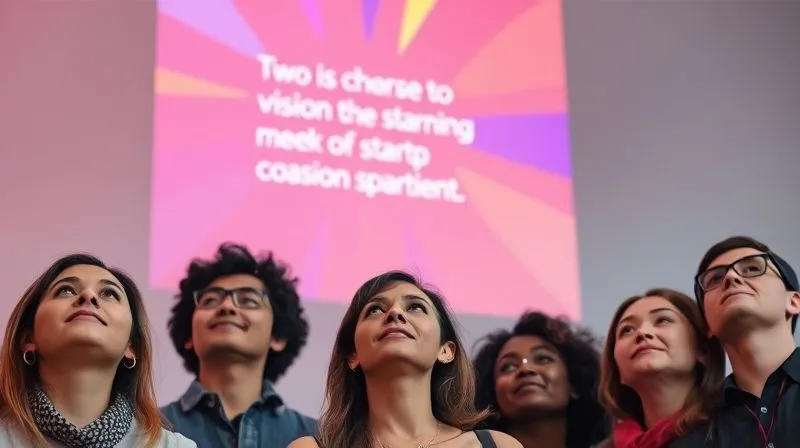 A photorealistic image of a diverse startup team looking up at a vibrant, abstract projection of a company vision and mission statement on a wall, their faces reflecting inspiration and determination. Cinematic lighting, sharp focus, depth of field, 8K hyper-detailed, professional photography, shot on a high-end DSLR.