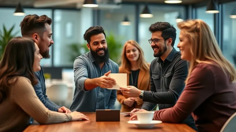 A photorealistic image of a diverse startup team in a modern office, one team member is receiving a heartfelt thank you from a colleague, with a small, personalized award on the table. The atmosphere is warm and appreciative, with soft, cinematic lighting. Sharp focus on the interaction, depth of field blurring the background, 8K hyper-detailed, professional photography, shot on a high-end DSLR.