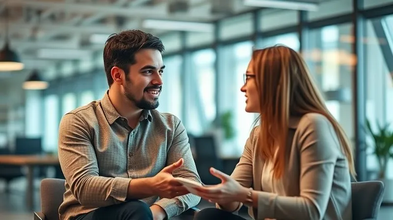 A photorealistic image of a startup founder having a one-on-one mentoring session with a team member in a brightly lit, modern office. Both are engaged in deep conversation, with open body language. Cinematic lighting, sharp focus on their expressions, depth of field blurring the background, 8K hyper-detailed, professional photography, shot on a high-end DSLR.