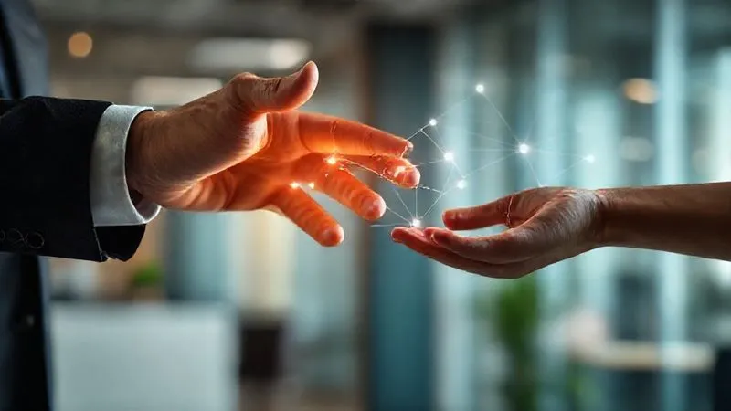 Photorealistic, professional photography, 8K, cinematic lighting, sharp focus, depth of field, shot on a high-end DSLR. A professional hand extending a lifeline (represented by a glowing, interconnected network of digital data) towards another hand that is slightly withdrawn, against a backdrop of blurred, modern office space. The image conveys re-engagement, connection, and the rebuilding of a B2B relationship, with a sense of hope and renewed opportunity.