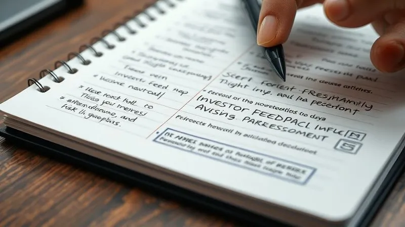 A photorealistic close-up of a notepad with various handwritten investor feedback notes, categorized and highlighted, with a focused hand holding a pen. Professional, 8K, cinematic lighting, sharp focus, depth of field, shot on a high-end DSLR.