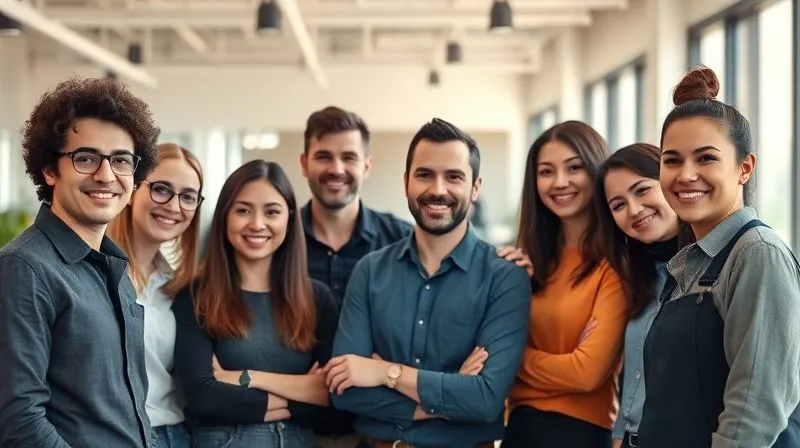 A photorealistic, professional group portrait of a diverse, confident startup team, smiling and collaborating in a modern, well-lit office space. 8K, cinematic lighting, sharp focus on faces, depth of field, shot on a high-end DSLR.