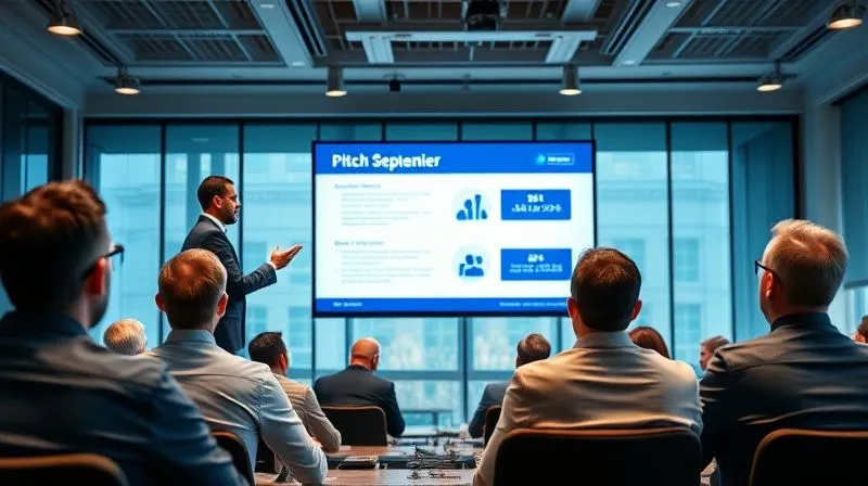 A photorealistic, professional speaker confidently presenting a pitch deck on a large screen in a modern conference room, with engaged investors listening intently. 8K, cinematic lighting, sharp focus on the speaker and screen, depth of field, shot on a high-end DSLR.
