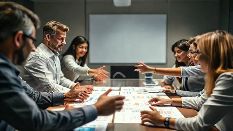 A photorealistic image of a diverse group of business professionals collaborating around a large table, looking at charts and diagrams with focused expressions. Hands are gesturing towards a central projection. Cinematic lighting, sharp focus on the group, depth of field blurring the background, 8K hyper-detailed, conveying teamwork and shared goals. A photorealistic image of a diverse group of business professionals collaborating around a large table, looking at charts and diagrams with focused expressions. Hands are gesturing towards a central projection. Cinematic lighting, sharp focus on the group, depth of field blurring the background, 8K hyper-detailed, conveying teamwork and shared goals.