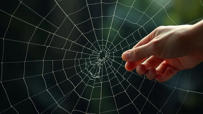 A photorealistic image of a complex spiderweb with several broken strands, symbolizing a failing network or alliance, with a single, strong hand carefully mending one of the broken strands. Professional photography, 8K, cinematic lighting, sharp focus on the mending hand, depth of field blurring the background, shot on a high-end DSLR.