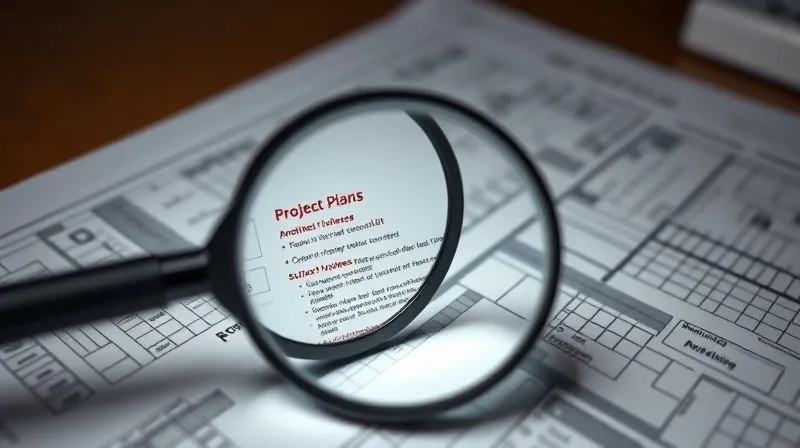 A photorealistic image of a magnifying glass hovering over a detailed project plan document, with various issues highlighted in red, cinematic lighting, sharp focus, depth of field, 8K hyper-detailed, professional photography.