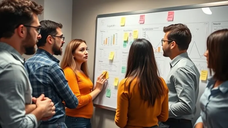 A photorealistic image of a diverse project team gathered around a whiteboard, intensely analyzing charts and data, with sticky notes representing ideas and feedback. Cinematic lighting, sharp focus on the team's collaborative expressions, depth of field, 8K hyper-detailed, professional photography.