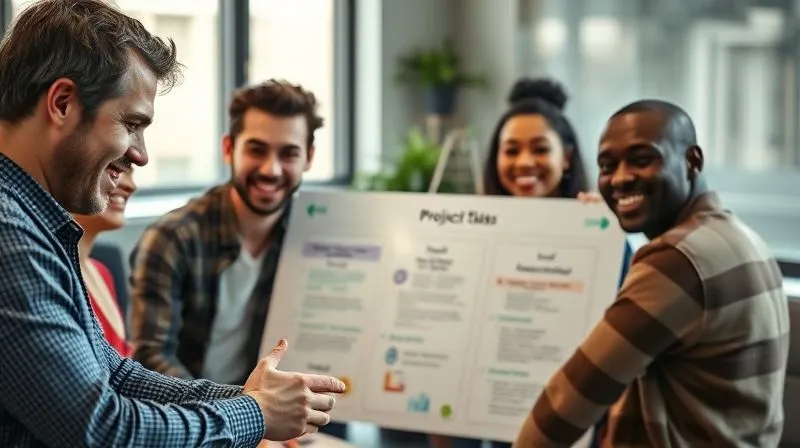 A photorealistic image of a diverse project team, initially looking stressed, now smiling and collaborating around a project board with clear, achievable tasks, reflecting renewed motivation. Cinematic lighting, sharp focus on the team's positive interaction, depth of field, 8K hyper-detailed, professional photography.
