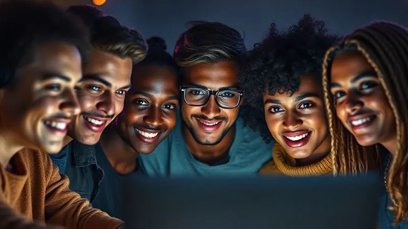 A photorealistic image of a diverse group of young, creative individuals collaborating on a digital content project, their faces illuminated by screen light, conveying genuine passion and a sense of shared purpose. Cinematic lighting, sharp focus, depth of field, 8K hyper-detailed.