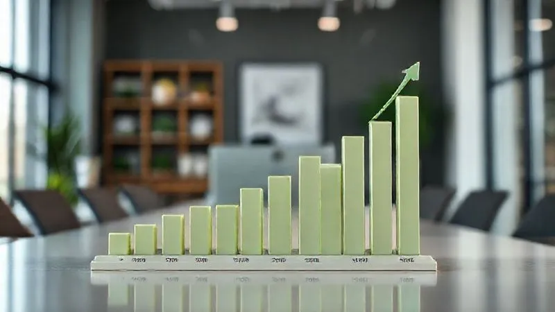 Photorealistic, professional photography, 8K, cinematic lighting, sharp focus, depth of field, shot on a high-end DSLR. A clear, vibrant 3D bar chart showing consistent positive cash flow for a small business over the past 12 months, with an upward trend. The chart is set against a blurred background of a modern, well-organized office space, conveying financial stability.