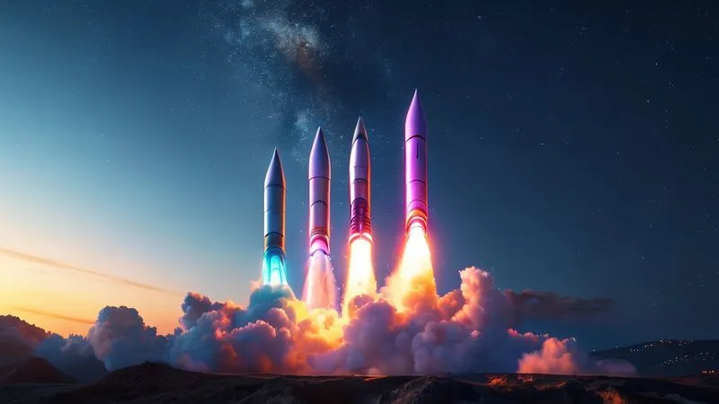 Photorealistic, professional photography, 8K, cinematic lighting, sharp focus, depth of field, shot on a high-end DSLR. A multi-stage rocket, sleek and futuristic, with each stage clearly defined, launching smoothly into a night sky towards a starry corporate logo in the distance. Each stage of the rocket is illuminated with a different color, symbolizing phased funding. Dynamic motion blur. Photorealistic, professional photography, 8K, cinematic lighting, sharp focus, depth of field, shot on a high-end DSLR. A multi-stage rocket, sleek and futuristic, with each stage clearly defined, launching smoothly into a night sky towards a starry corporate logo in the distance. Each stage of the rocket is illuminated with a different color, symbolizing phased funding. Dynamic motion blur.