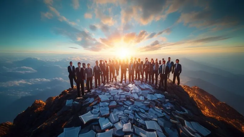 Photorealistic, professional photography, 8K, cinematic lighting, sharp focus, depth of field, shot on a high-end DSLR. A diverse team of professionals, smiling and confident, standing at the summit of a metaphorical mountain made of corporate documents and glowing data points, looking out at a bright, clear horizon. A single, illuminated path leads behind them, symbolizing their successful venture journey. The scene is filled with a sense of achievement and optimism. Photorealistic, professional photography, 8K, cinematic lighting, sharp focus, depth of field, shot on a high-end DSLR. A diverse team of professionals, smiling and confident, standing at the summit of a metaphorical mountain made of corporate documents and glowing data points, looking out at a bright, clear horizon. A single, illuminated path leads behind them, symbolizing their successful venture journey. The scene is filled with a sense of achievement and optimism.