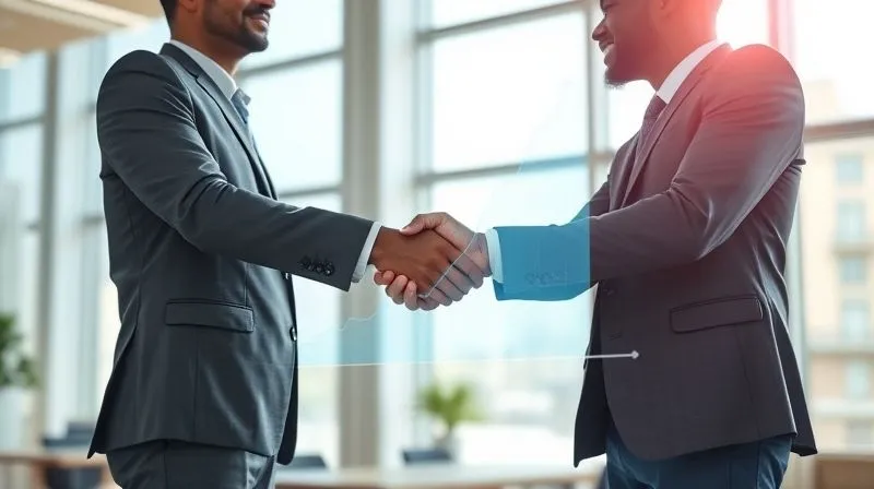 photorealistic, professional photography, 8K, cinematic lighting, sharp focus, depth of field, shot on a high-end DSLR, two diverse business people shaking hands over a holographic projection of a growing revenue chart, their faces reflecting mutual benefit and trust, in a modern, sunlit office, symbolizing successful strategic partnership. photorealistic, professional photography, 8K, cinematic lighting, sharp focus, depth of field, shot on a high-end DSLR, two diverse business people shaking hands over a holographic projection of a growing revenue chart, their faces reflecting mutual benefit and trust, in a modern, sunlit office, symbolizing successful strategic partnership.