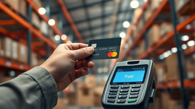 photorealistic, professional photography, 8K, cinematic lighting, sharp focus, depth of field, shot on a high-end DSLR, a hand extending a credit card towards a digital payment terminal displaying a 'Paid' notification, with a subtle background of a bustling e-commerce warehouse, symbolizing efficient customer pre-payment and supply chain optimization. photorealistic, professional photography, 8K, cinematic lighting, sharp focus, depth of field, shot on a high-end DSLR, a hand extending a credit card towards a digital payment terminal displaying a 'Paid' notification, with a subtle background of a bustling e-commerce warehouse, symbolizing efficient customer pre-payment and supply chain optimization.