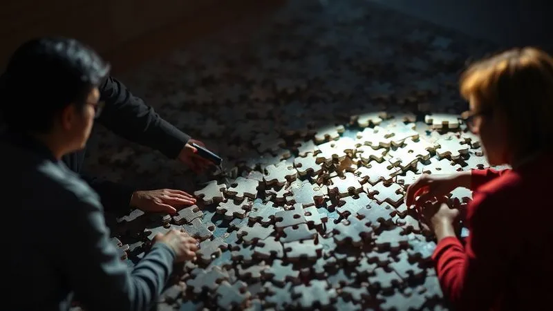 Photorealistic professional photography of a single, powerful spotlight illuminating a complex, intricate puzzle being solved by a diverse team, symbolizing clarity from chaos and a breakthrough solution. Cinematic lighting, sharp focus on the puzzle pieces connecting, depth of field blurring the background, 8K hyper-detailed, shot on a high-end DSLR.