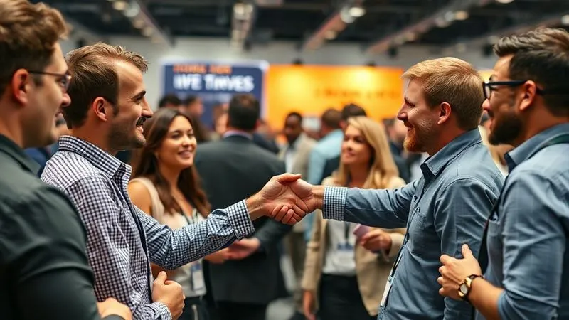 Photorealistic professional photography of a diverse group of entrepreneurs and angel investors networking at a modern, high-tech event, vibrant and energetic atmosphere. Cinematic lighting, sharp focus on a handshake between a founder and an investor, depth of field blurring the background, 8K hyper-detailed, shot on a high-end DSLR.