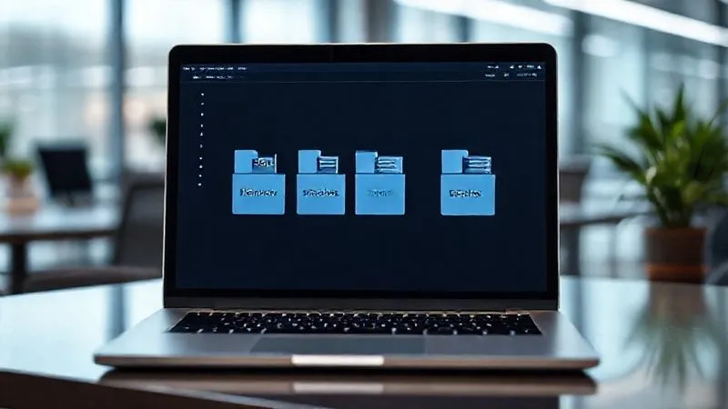 Photorealistic professional photography of a neatly organized digital data room interface on a laptop screen, with folders labeled 'Legal', 'Financials', 'Product', 'Team'. The background shows a modern office environment, symbolizing preparedness and transparency. Cinematic lighting, sharp focus on the screen, depth of field blurring the background, 8K hyper-detailed, shot on a high-end DSLR.