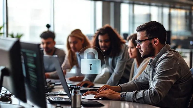 A photorealistic image of a diverse agile development team in a modern, collaborative workspace, but with subtle visual cues indicating security and confidentiality. Perhaps a digital 'lock' icon subtly integrated into their shared screen, or a focused, serious expression on a team member reviewing code. Cinematic lighting, sharp focus, depth of field, 8K, professional photography, shot on a high-end DSLR. A photorealistic image of a diverse agile development team in a modern, collaborative workspace, but with subtle visual cues indicating security and confidentiality. Perhaps a digital 'lock' icon subtly integrated into their shared screen, or a focused, serious expression on a team member reviewing code. Cinematic lighting, sharp focus, depth of field, 8K, professional photography, shot on a high-end DSLR.