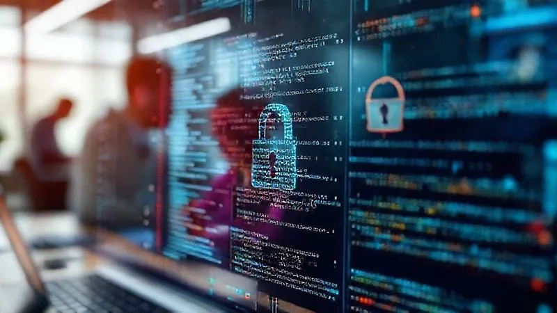 A photorealistic image of a complex digital interface showing secure code, encryption symbols, and a firewall graphic, with a blurred background of an agile team collaborating. Emphasizes digital security in a development context. Cinematic lighting, sharp focus, depth of field, 8K, professional photography, shot on a high-end DSLR. A photorealistic image of a complex digital interface showing secure code, encryption symbols, and a firewall graphic, with a blurred background of an agile team collaborating. Emphasizes digital security in a development context. Cinematic lighting, sharp focus, depth of field, 8K, professional photography, shot on a high-end DSLR.