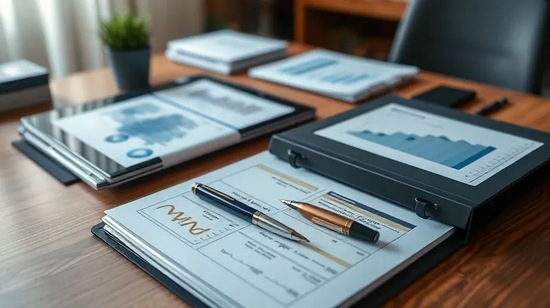 photorealistic, professional photography, 8K, cinematic lighting, sharp focus, depth of field, shot on a high-end DSLR. A meticulously organized desk with a stack of professional documents, a tablet displaying financial charts, and a pen resting on a comprehensive business plan binder, symbolizing thorough preparation for a business sale. The scene conveys diligence and readiness.