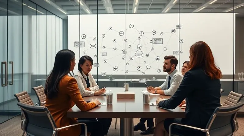 photorealistic, professional photography, 8K, cinematic lighting, sharp focus, depth of field, shot on a high-end DSLR. A diverse group of business professionals in a modern boardroom, actively brainstorming and mapping out strategic connections on a large glass wall with markers, symbolizing proactive buyer identification and strategic partnerships. The scene conveys collaboration and forward-thinking.