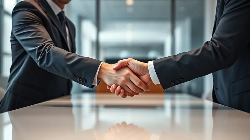 photorealistic, professional photography, 8K, cinematic lighting, sharp focus, depth of field, shot on a high-end DSLR. A confident business owner, dressed in professional attire, shaking hands with a potential strategic buyer across a polished conference table, with a blurred background of a modern office. The scene conveys a successful, discreet negotiation.