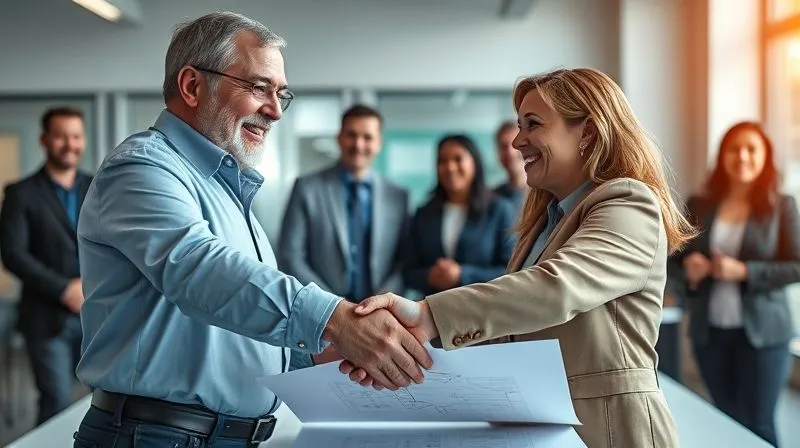photorealistic, professional photography, 8K, cinematic lighting, sharp focus, depth of field, shot on a high-end DSLR. A symbolic image of two business owners, one older and one younger, shaking hands warmly over a blueprint or business plan, with a diverse team of employees smiling in the background. The scene conveys a successful, smooth business transition and continuity.