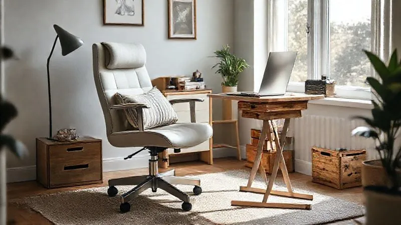photorealistic, professional photography, 8K, cinematic lighting, sharp focus, depth of field, shot on a high-end DSLR. A cozy, inviting home office corner featuring a simple, well-maintained office chair with a strategically placed lumbar support cushion and a DIY footrest made from stacked, aesthetically pleasing wooden boxes. A laptop is on a raised stand, suggesting smart ergonomic adjustments. Natural light streams in from a window.