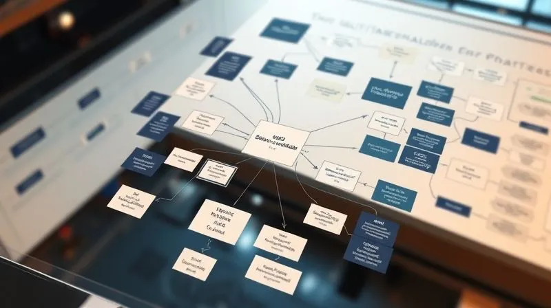 A photorealistic image of a complex flowchart with interconnected nodes and arrows, representing a multi-stakeholder decision-making process, seen from above, cinematic lighting, sharp focus, depth of field blurring the background, 8K hyper-detailed.
