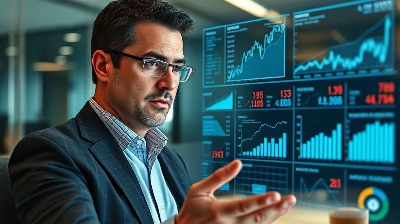 A photorealistic image of a business executive looking at a holographic projection of financial data, including graphs and charts, with a determined expression, modern office background, cinematic lighting, sharp focus, depth of field, 8K hyper-detailed.