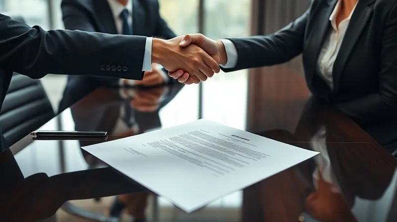 A photorealistic image of two business professionals shaking hands over a conference table, with a clear, signed contract visible in the foreground, signifying a successful agreement, cinematic lighting, sharp focus, depth of field, 8K hyper-detailed.