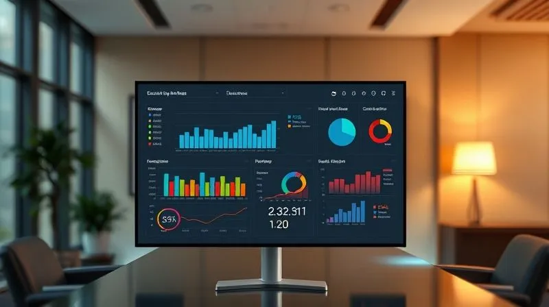 A photorealistic, professional photography image showing a modern, clean executive dashboard displayed on a large monitor in a sophisticated office. The dashboard features simplified bar charts, line graphs, and bullet graphs, all using a consistent, muted color palette with strategic pops of a contrasting color to highlight key performance indicators. Sharp focus on the clear data visualizations, depth of field blurring the background office setting. 8K hyper-detailed, cinematic lighting.