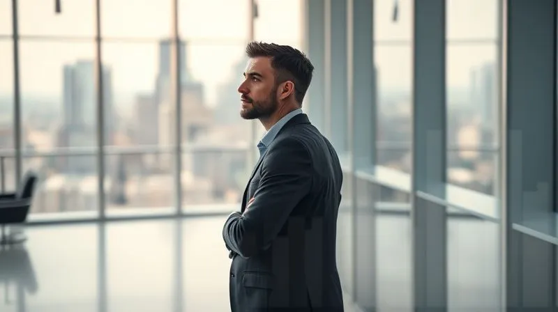 A photorealistic, professional photography shot of an executive standing confidently in a modern, open-plan office, looking out towards a cityscape, with a subtle, simplified digital overlay of key business metrics visible in the foreground. The executive has a thoughtful yet decisive expression, symbolizing clear strategic thinking. Cinematic lighting, sharp focus on the executive, depth of field blurring the background. 8K hyper-detailed, shot on a high-end DSLR.