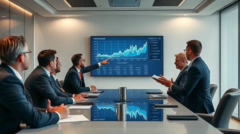 photorealistic, professional photography, 8K, cinematic lighting, sharp focus, depth of field, shot on a high-end DSLR, a diverse group of executives in a modern boardroom, one executive pointing to a large screen displaying a very clean, high-level data dashboard with a clear KPI and trend line, while another executive confidently takes notes. The atmosphere is one of focused understanding and strategic discussion.